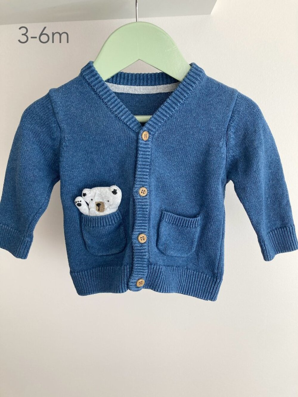 🪴5/$30 Mothercare 3-6 Months Baby Bear Blue Knit Button Cardigan Fall Winter
